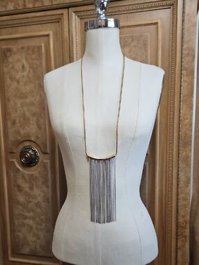 Natasha Couture Gold and Silver Fringe Long Pendant Necklace